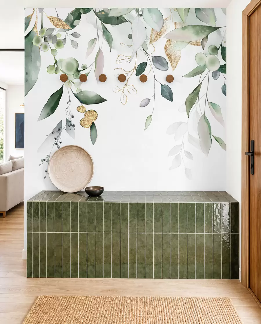 Fotobehang Hangende eucalyptusbladeren op een witte achtergrond u95506