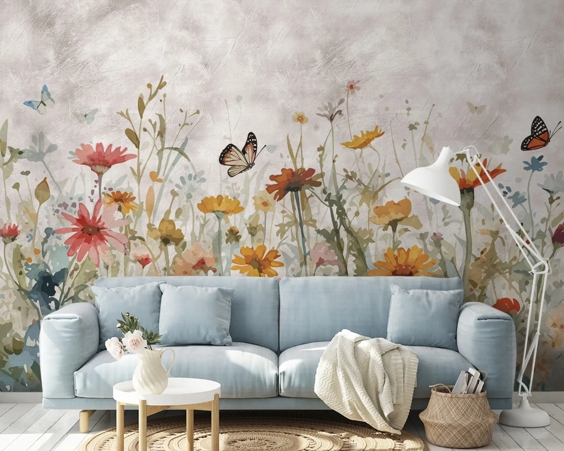 Fotobehang Aquarel wilde bloemen en vlinders u95406