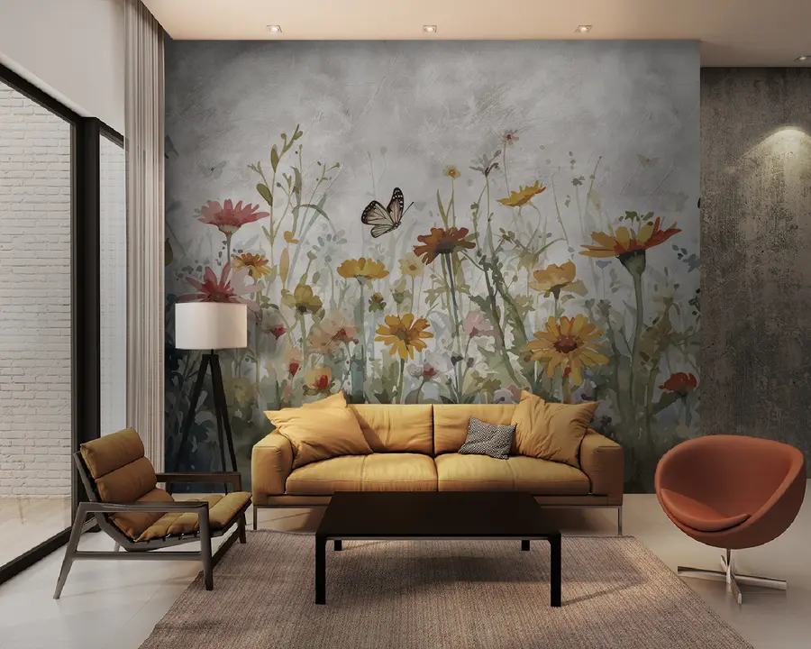 Fotobehang Aquarel wilde bloemen en vlinders u95406