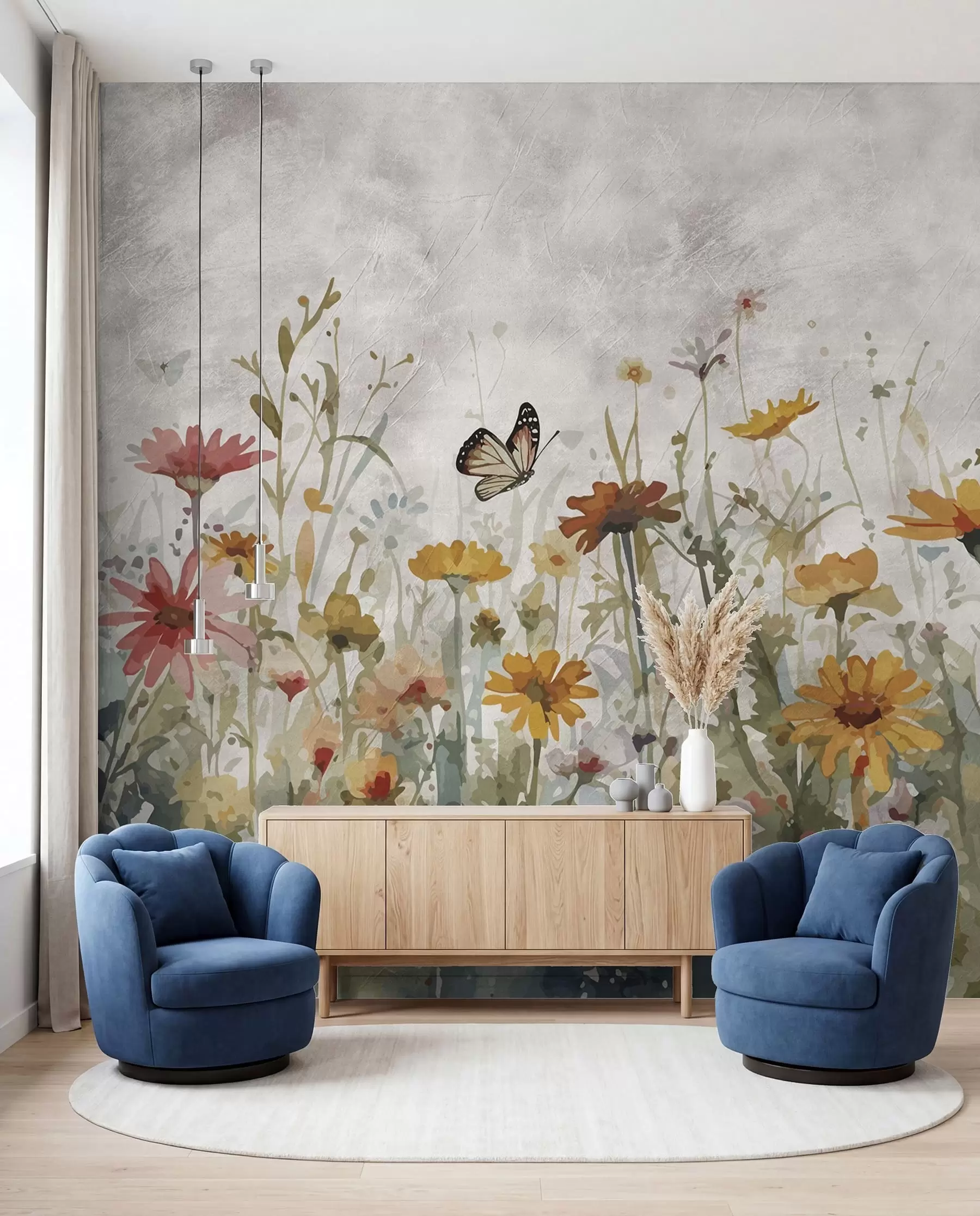 Fotobehang Aquarel wilde bloemen en vlinders u95406