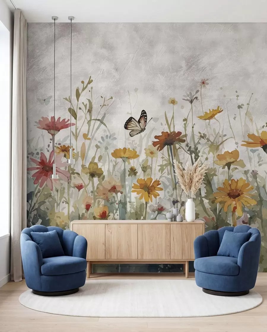 Fotobehang Aquarel wilde bloemen en vlinders u95406