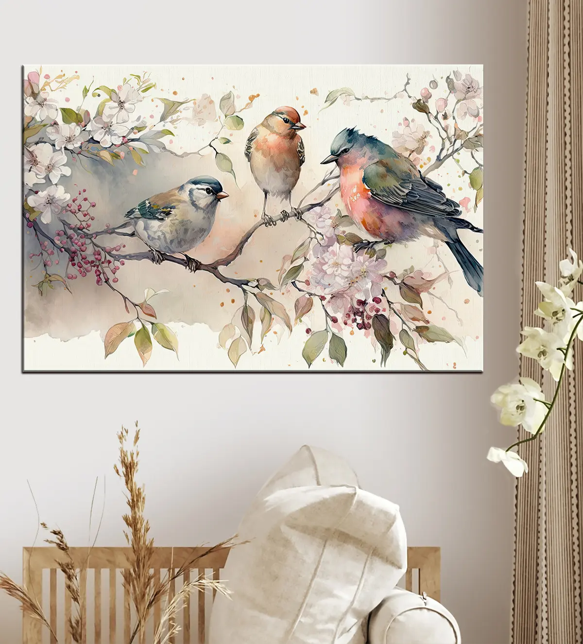  Peintures Oiseaux multicolores sur une branche d'arbre en fleurs s34490