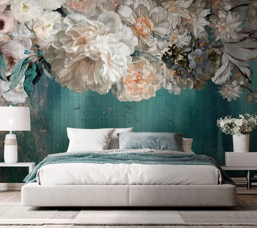 Fotobehang Groot weelderig boeket bloemen met grungetextuur u95430