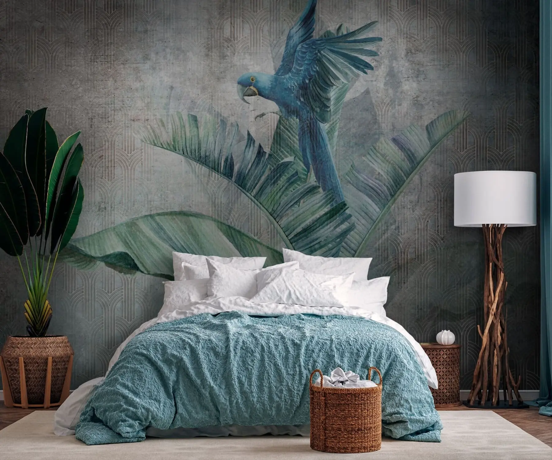 Fotobehang Grote blauwe papegaai op bananenboom met grunge concrete textuur u95432