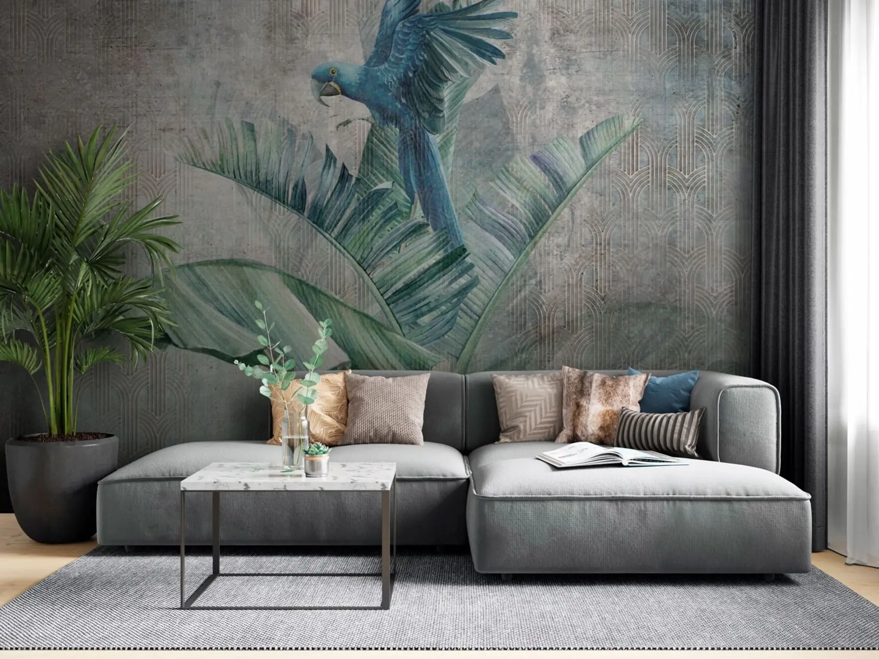 Fotobehang Grote blauwe papegaai op bananenboom met grunge concrete textuur u95432