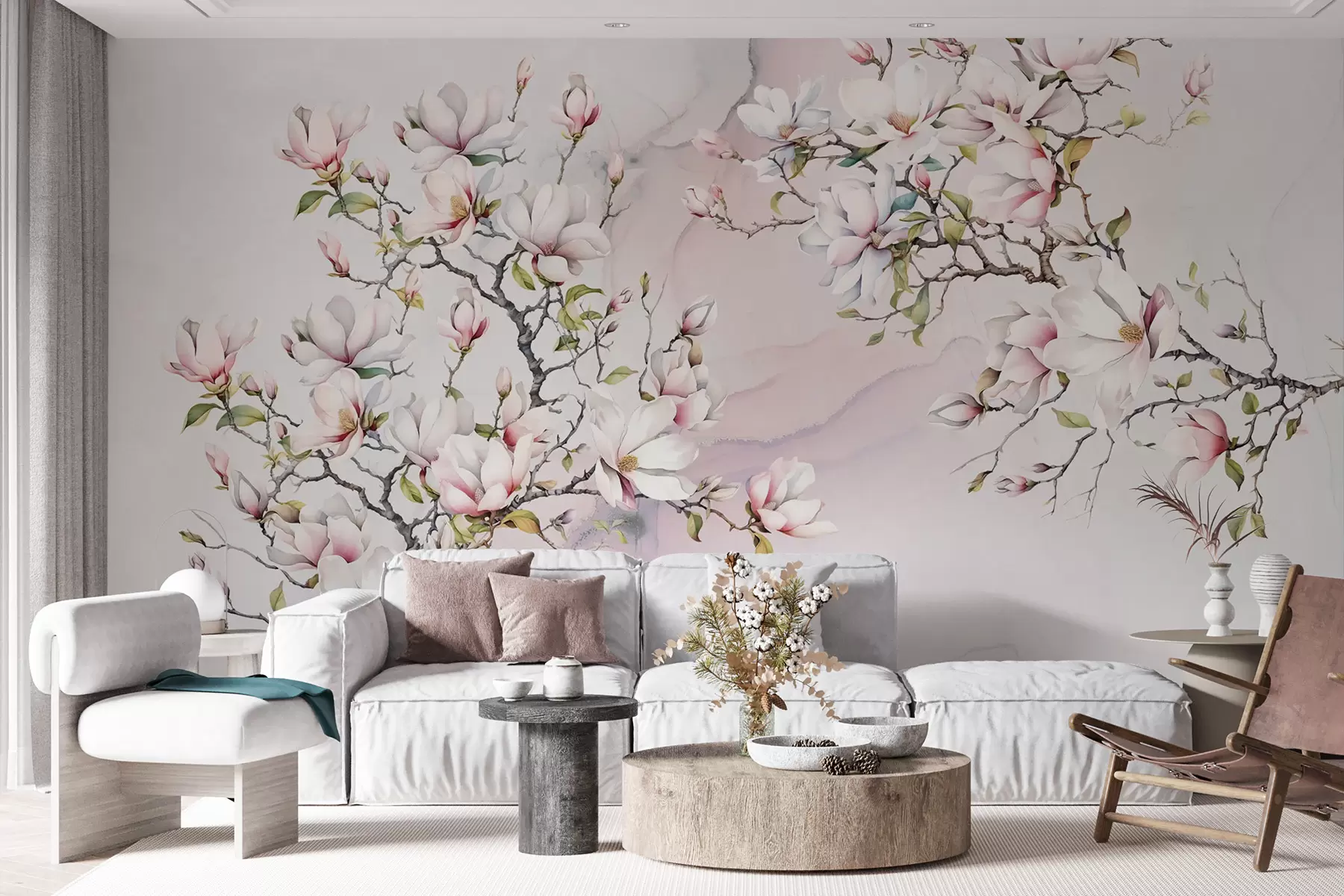 Fotobehang Bloeiende magnoliabomen op een marmeren achtergrond u96114
