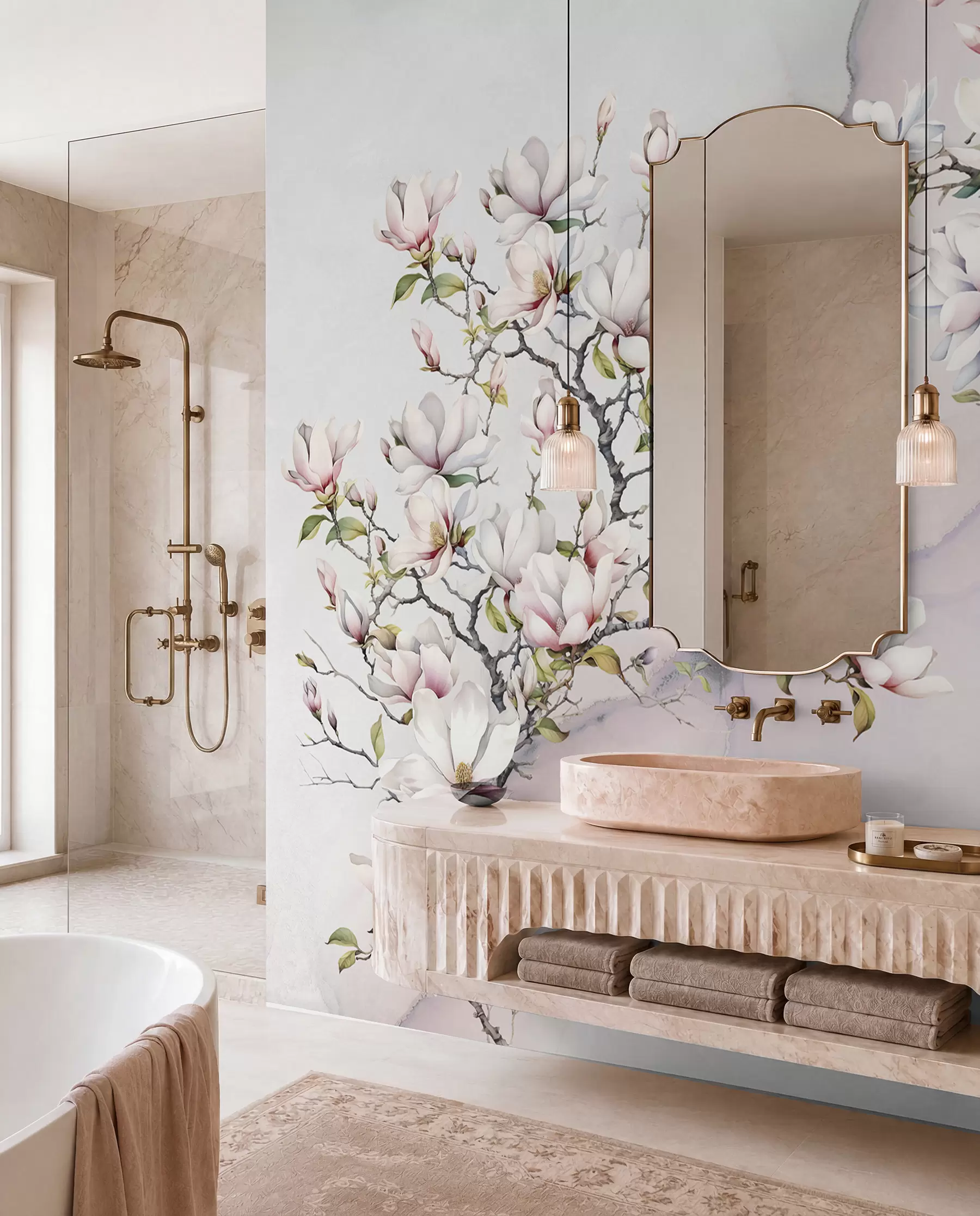 Fotobehang Bloeiende magnoliabomen op een marmeren achtergrond u96114