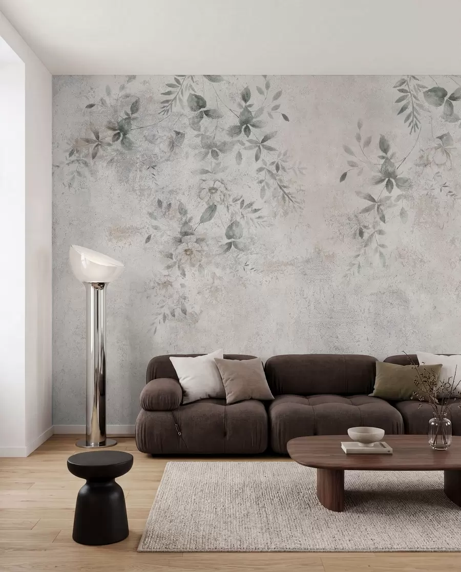 Fotobehang Bloemen met takken op betonnen grunge achtergrond minimalisme u96140