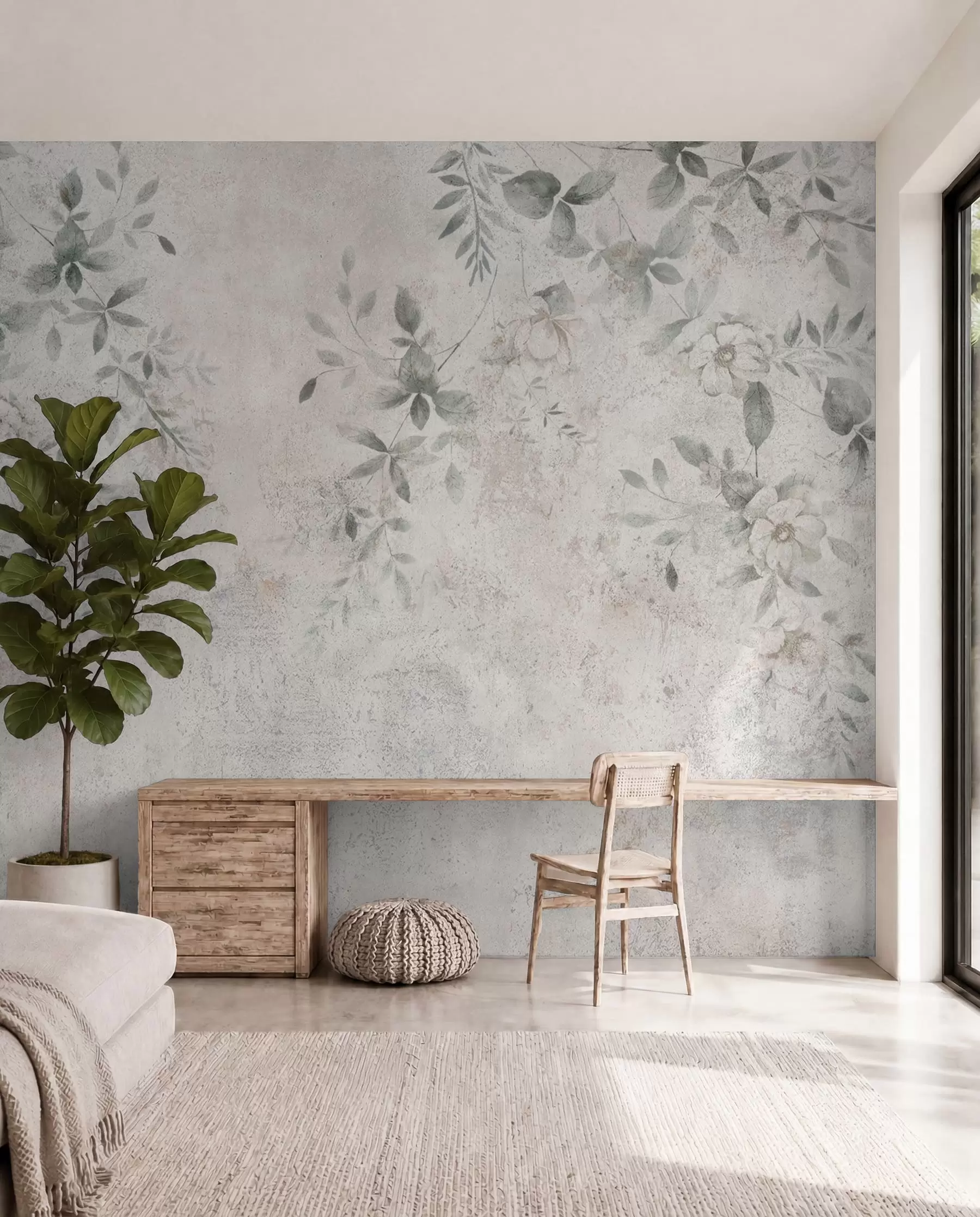 Fotobehang Bloemen met takken op betonnen grunge achtergrond minimalisme u96140