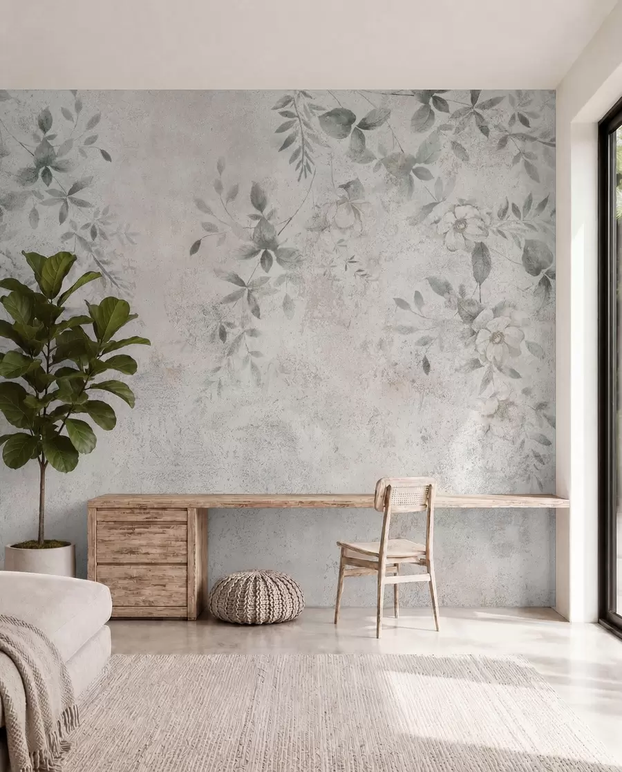 Fotobehang Bloemen met takken op betonnen grunge achtergrond minimalisme u96140