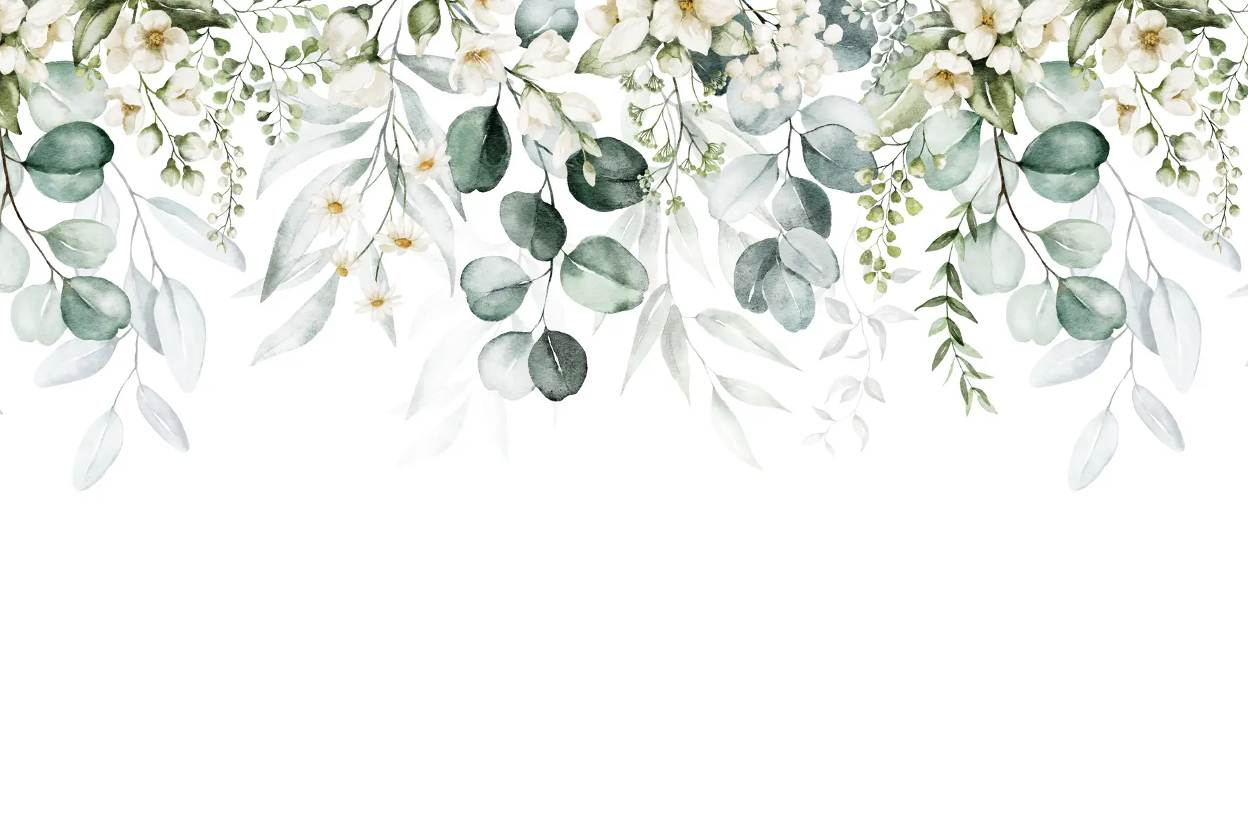 Papier peint photo Illustration avec feuilles vertes, fleurs blanches, pivoine et branches u96063