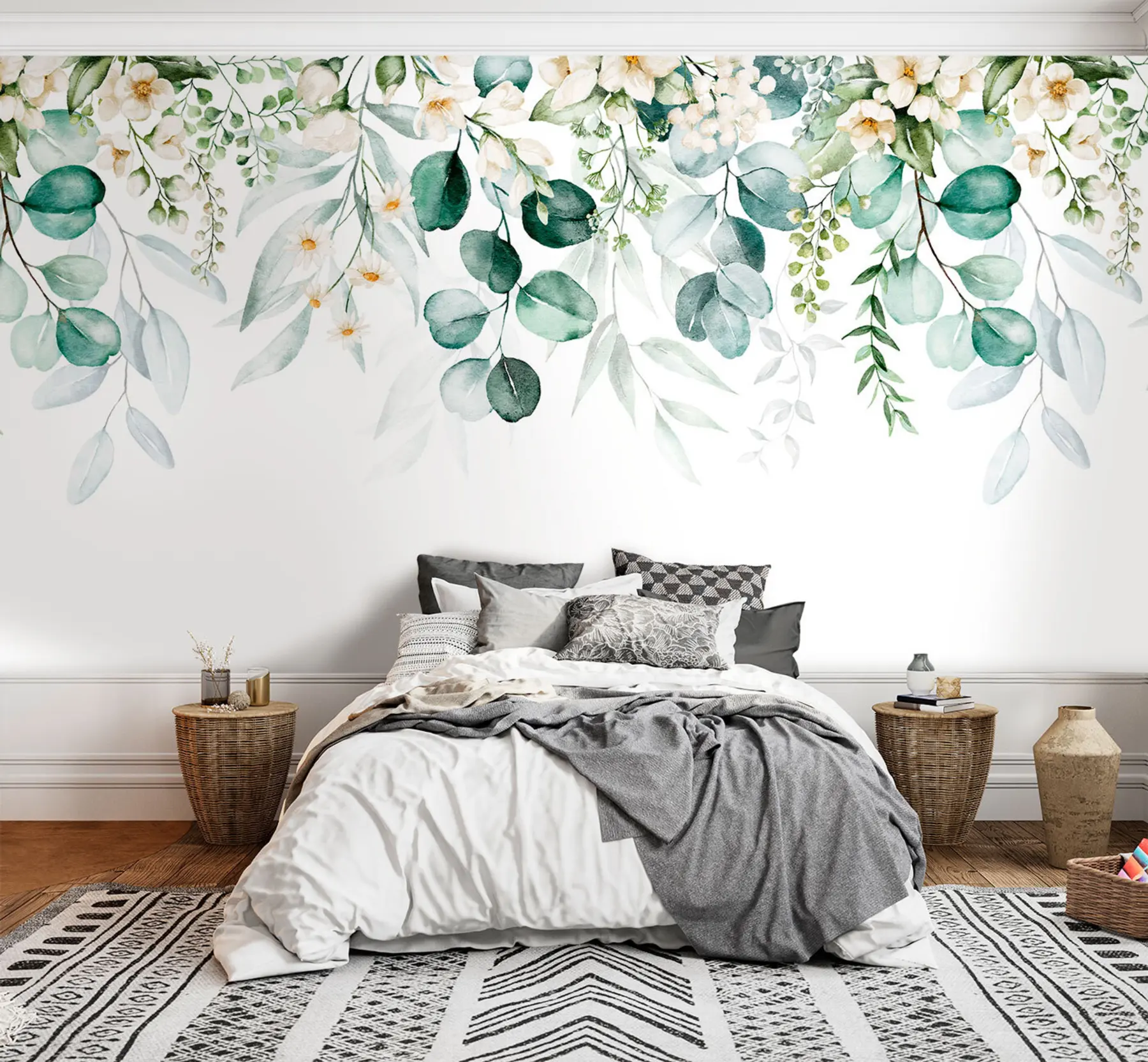 Fotobehang Illustratie met groene bladeren, witte bloemen, pioenroos en takken u96063