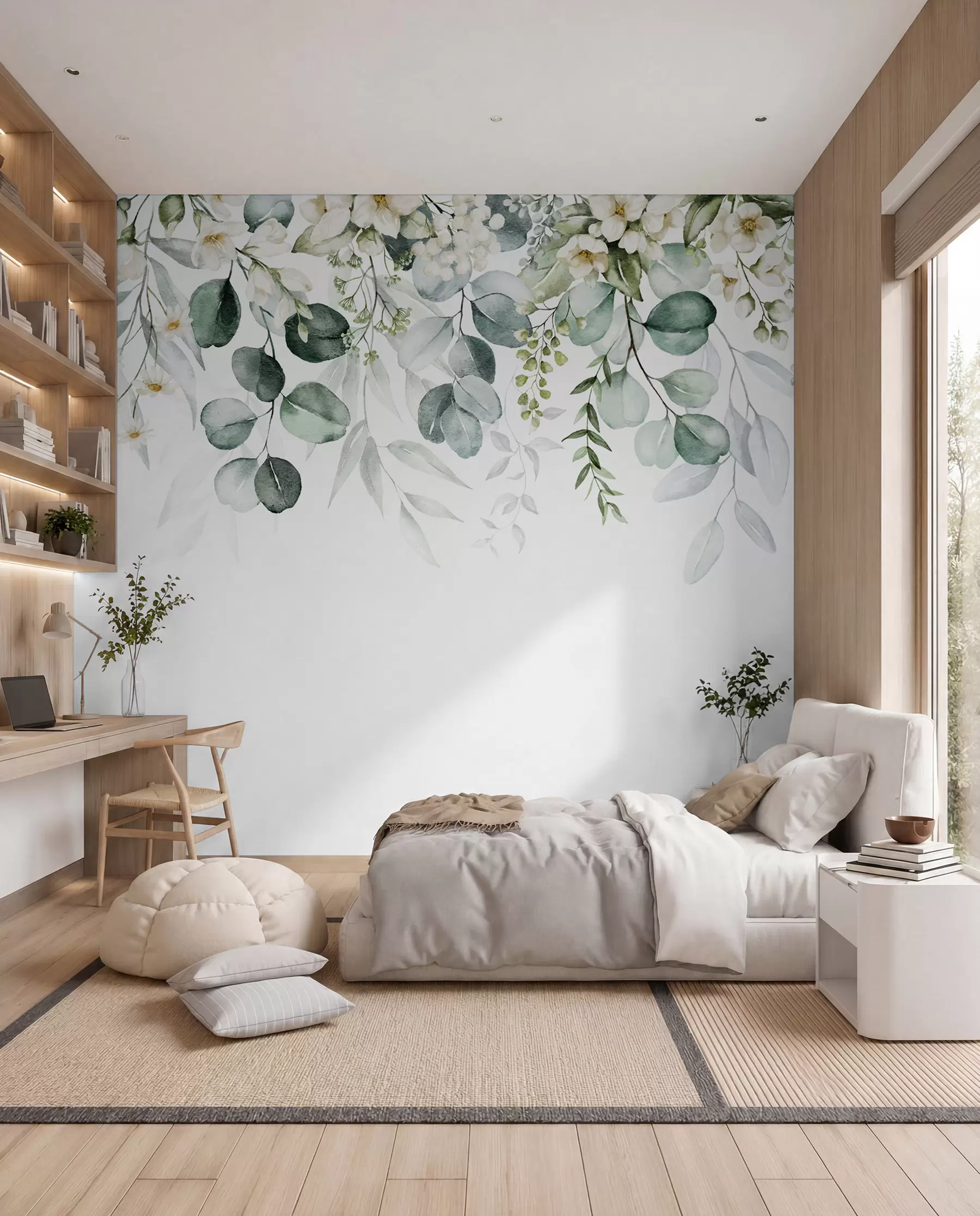 Fotobehang Illustratie met groene bladeren, witte bloemen, pioenroos en takken u96063