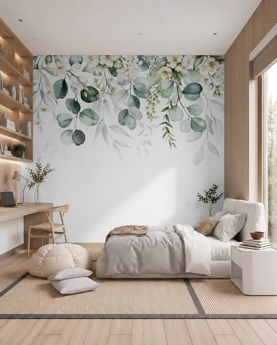Fotobehang Illustratie met groene bladeren, witte bloemen, pioenroos en takken u96063