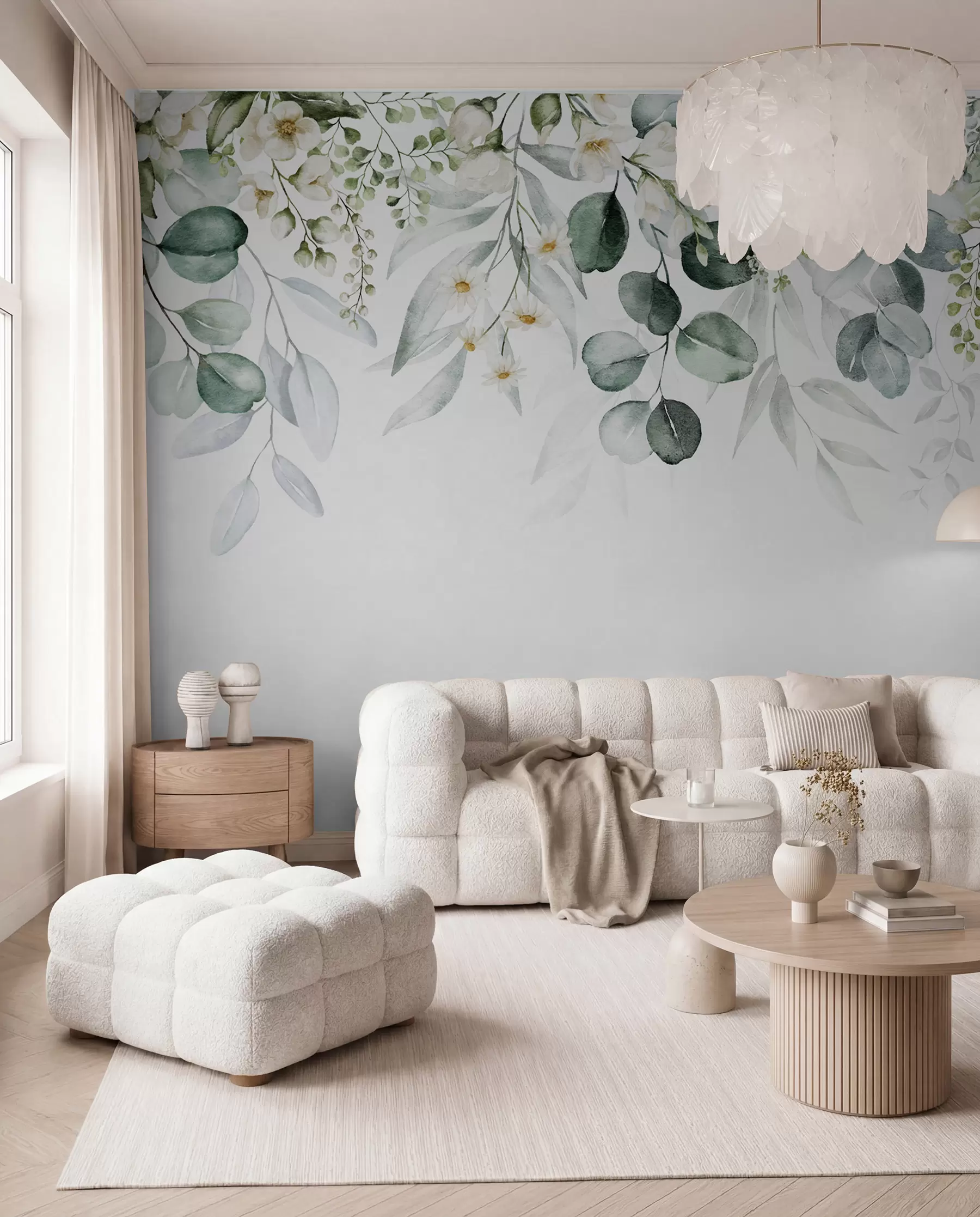 Fotobehang Illustratie met groene bladeren, witte bloemen, pioenroos en takken u96063