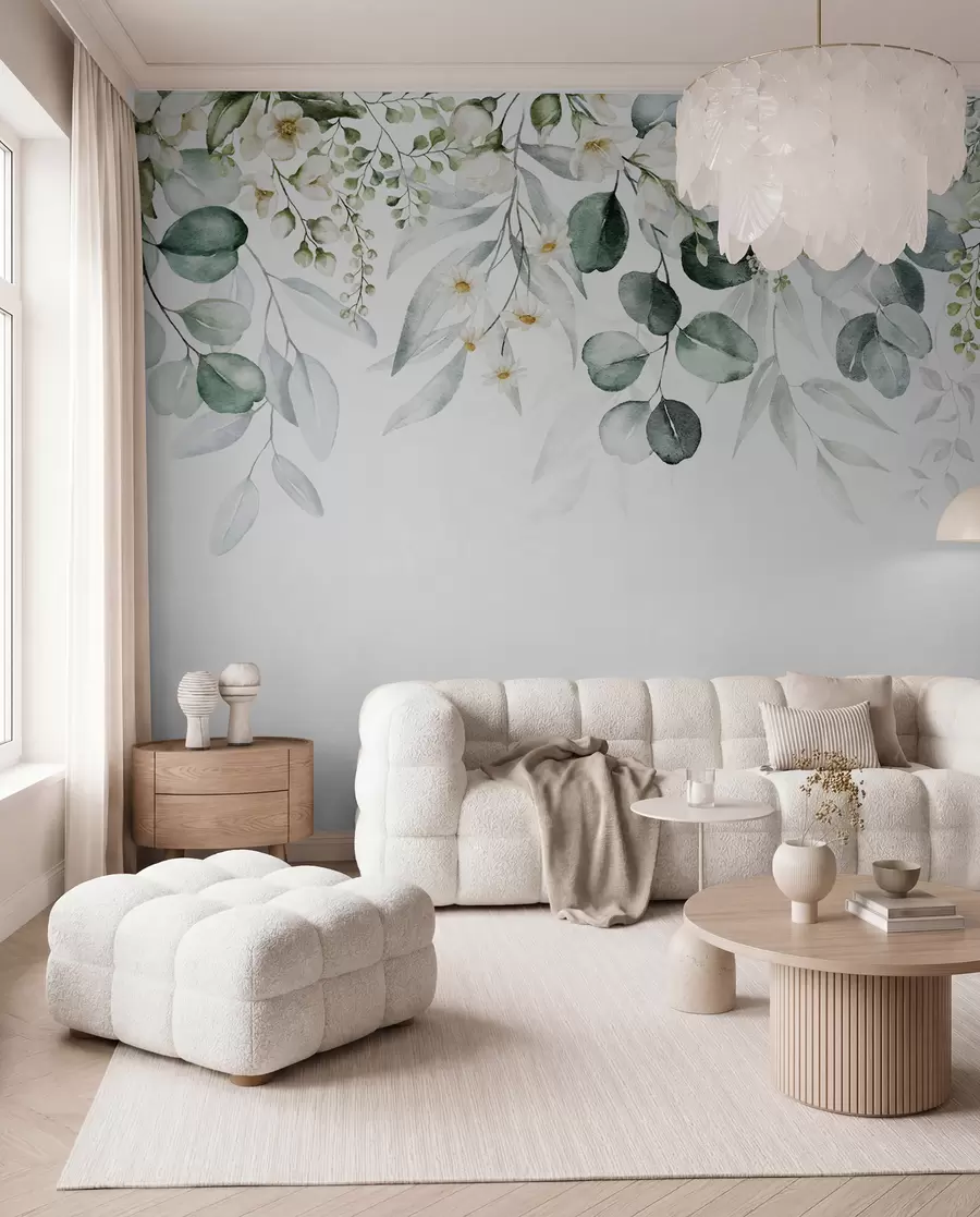 Fotobehang Illustratie met groene bladeren, witte bloemen, pioenroos en takken u96063