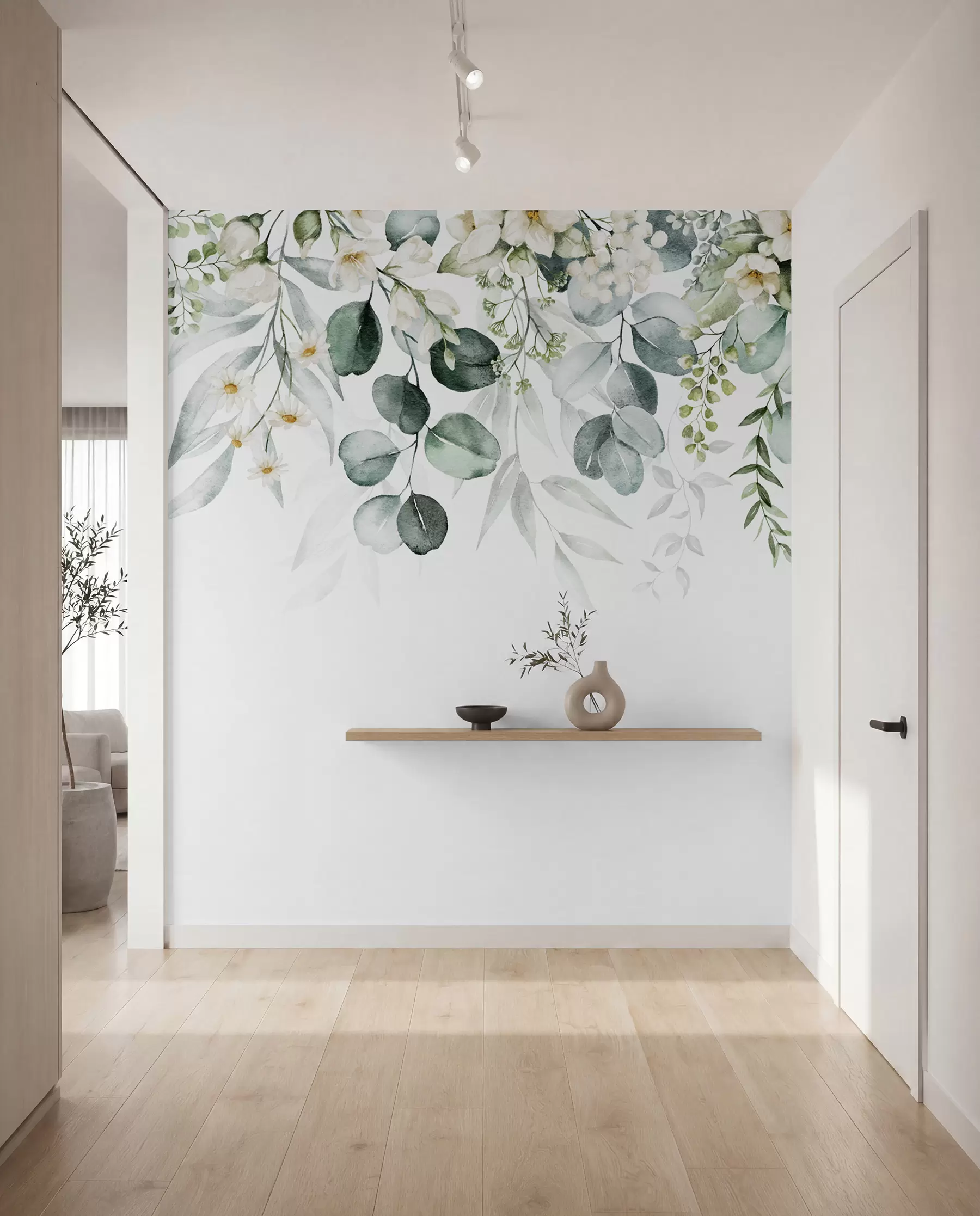 Fotobehang Illustratie met groene bladeren, witte bloemen, pioenroos en takken u96063