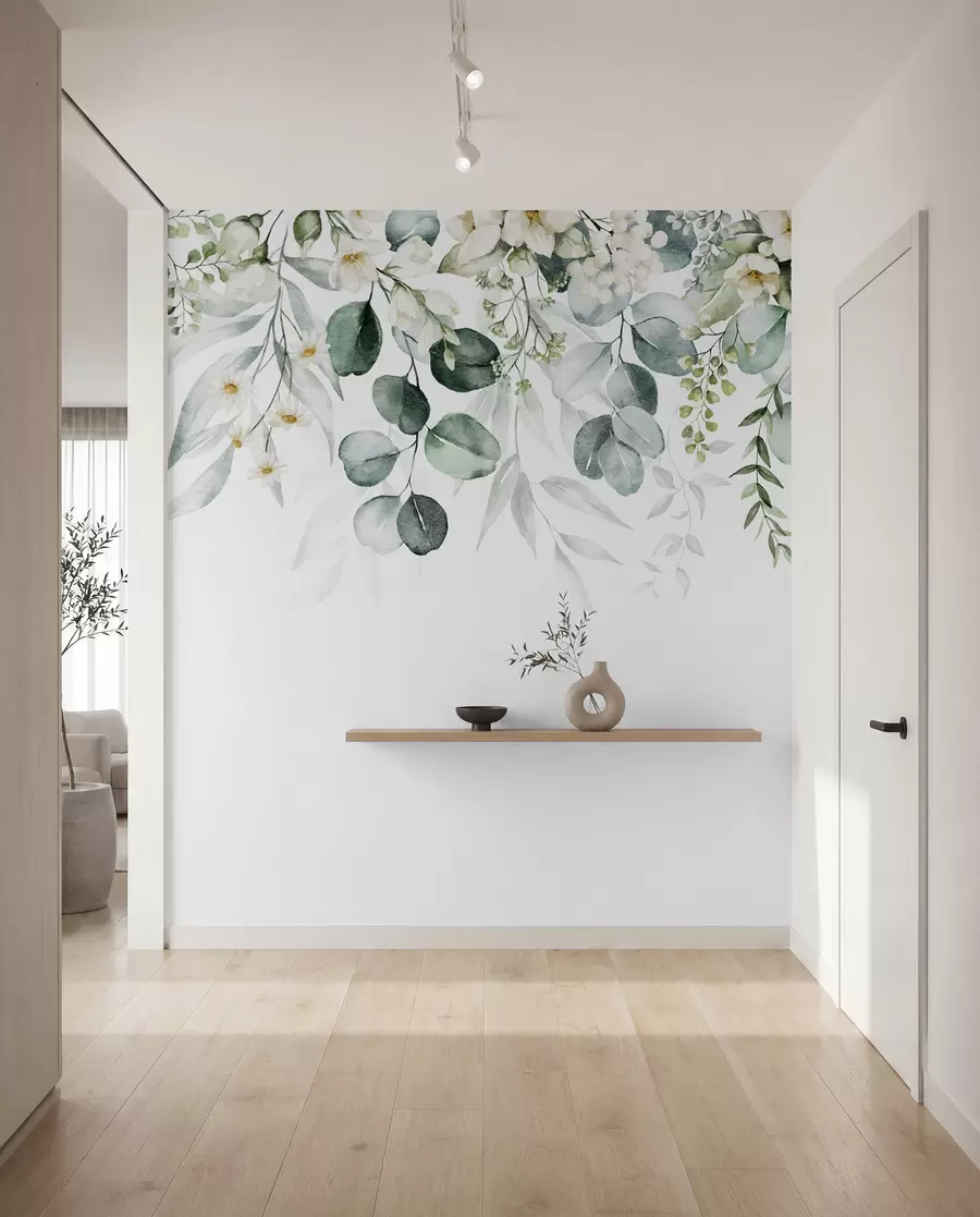 Papier peint photo Illustration avec feuilles vertes, fleurs blanches, pivoine et branches u96063