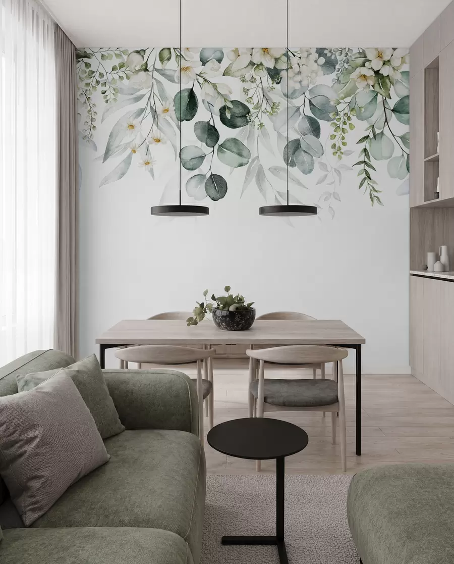 Papier peint photo Illustration avec feuilles vertes, fleurs blanches, pivoine et branches u96063