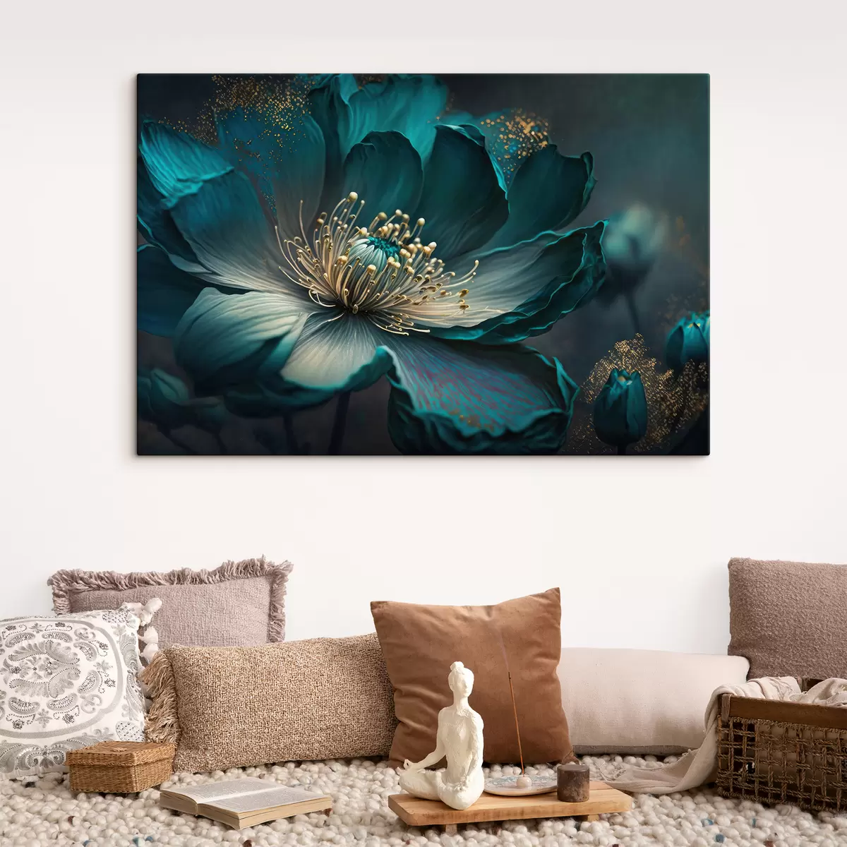  Peintures Gros plan d'un parterre de fleurs turquoise sur fond sombre s34854