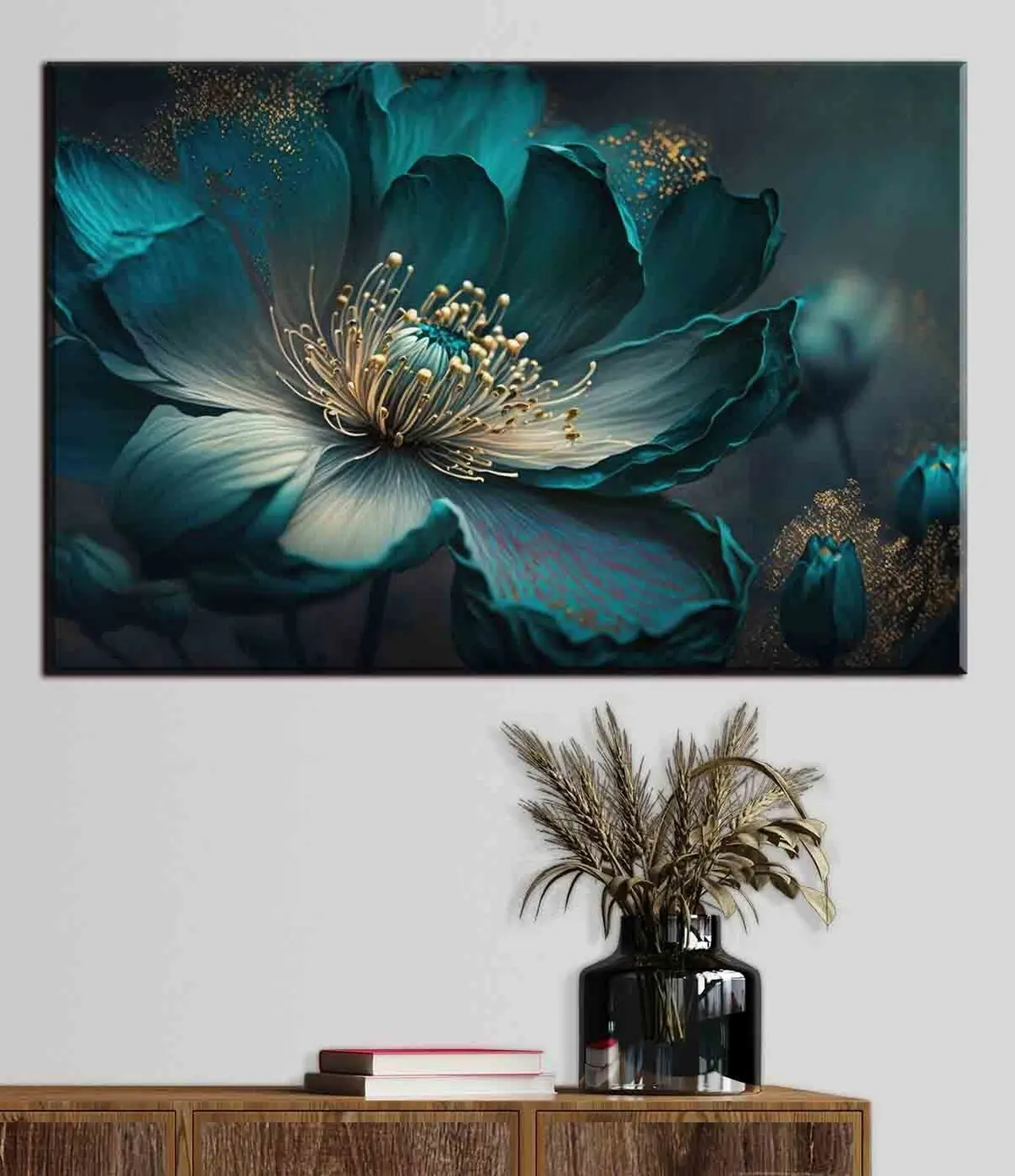  Peintures Gros plan d'un parterre de fleurs turquoise sur fond sombre s34854