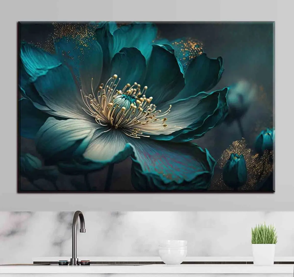  Schilderijen Close-up van bloeiende bloemperken van turquoise bloemen op een donkere achtergrond s34854