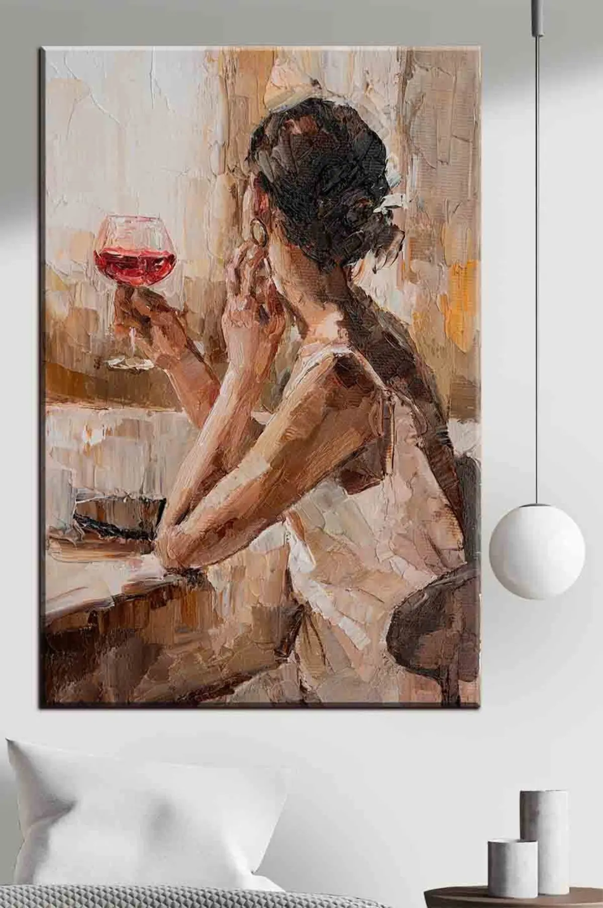  Peintures Peinture à l'huile d'une jeune femme avec un verre de vin s34590