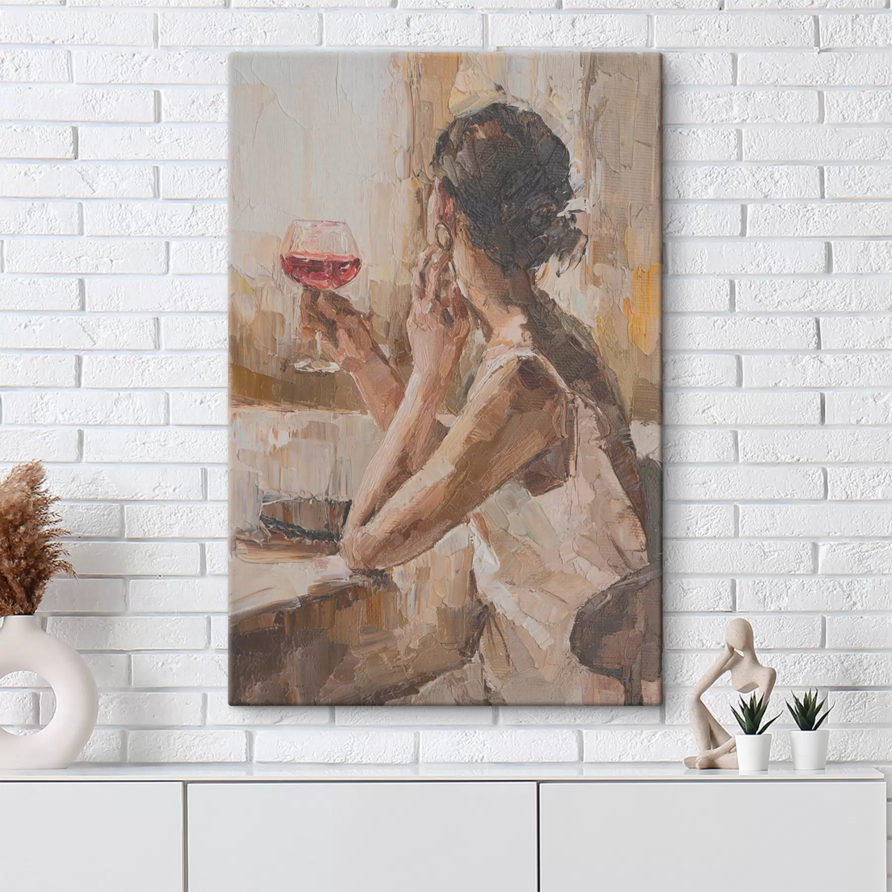 Papier peint photo Peinture à l'huile d'une jeune femme avec un verre de vin s34590