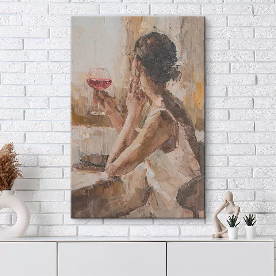  Peintures Peinture à l'huile d'une jeune femme avec un verre de vin s34590