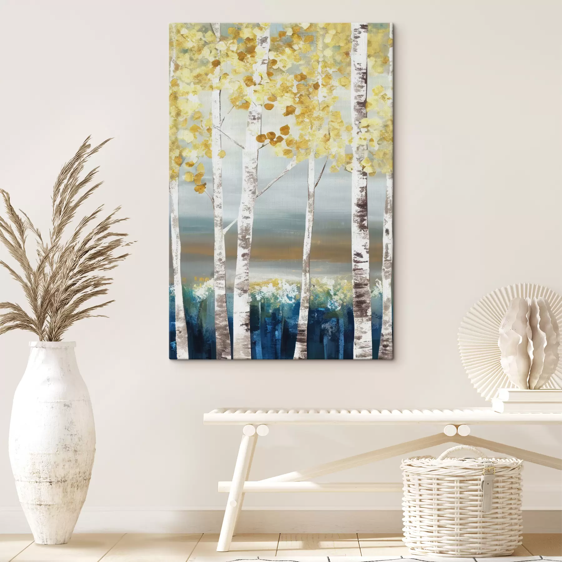 Fotobehang Olieverfschilderij met berkenbomen tegen de achtergrond van regenachtig weer s34602