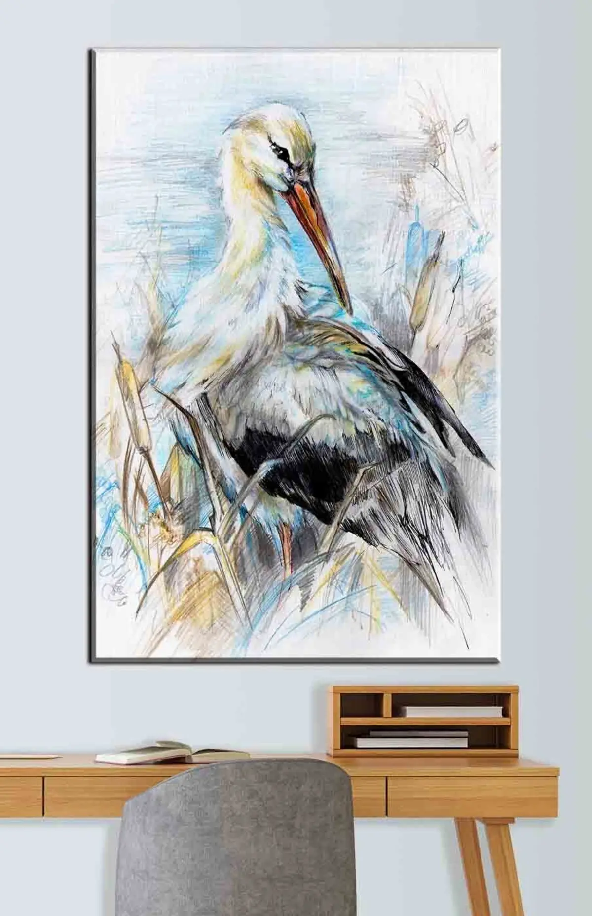  Peintures Cigogne au bord de l'eau parmi les plantes sèches s34607