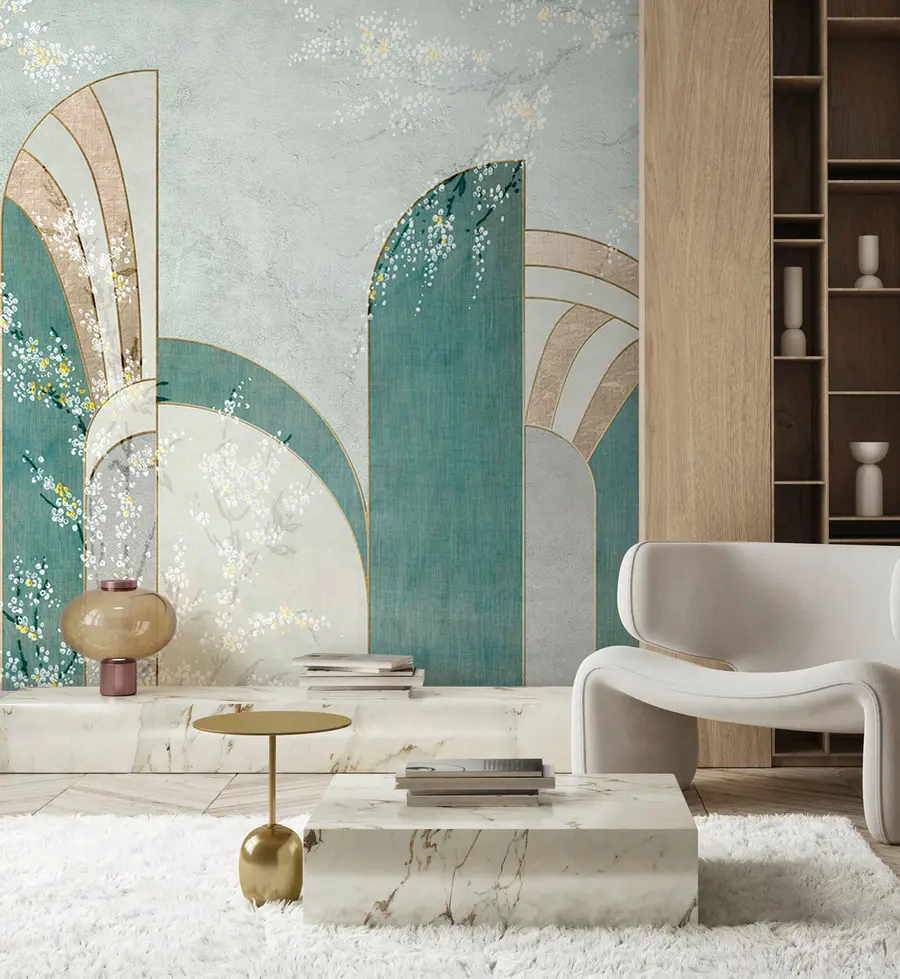 Fotobehang Tussen de panelen verschijnen bloementakken u96316