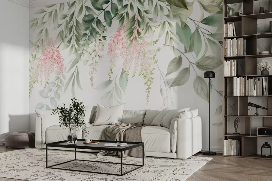 Fotobehang Gebladerte met roze bloemen u95923