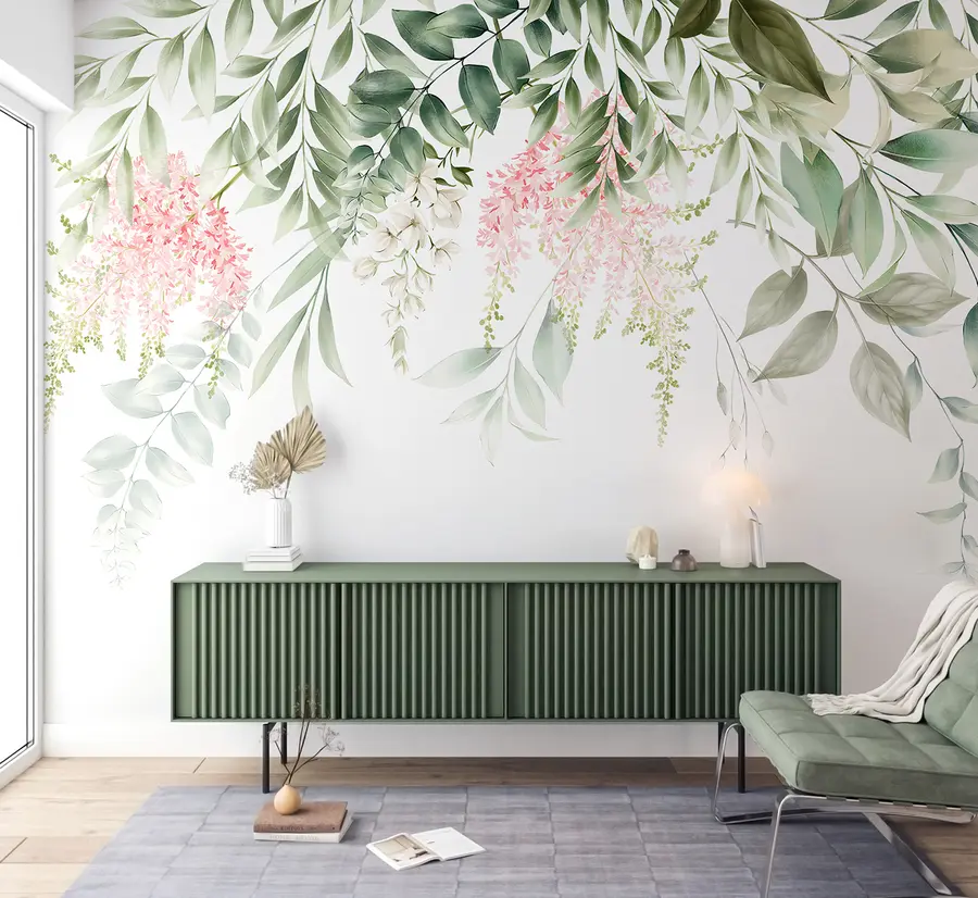Fotobehang Gebladerte met roze bloemen u95923