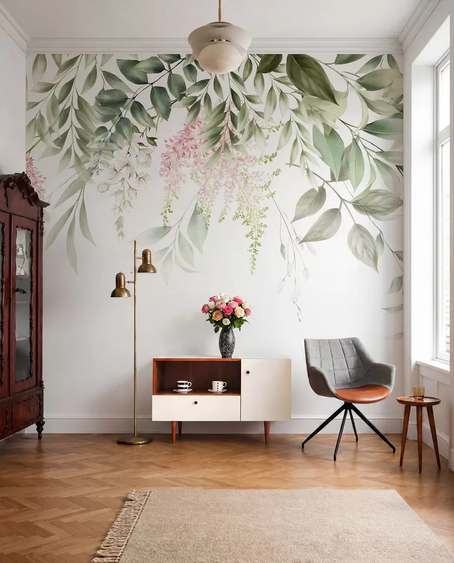 Fotobehang Gebladerte met roze bloemen u95923