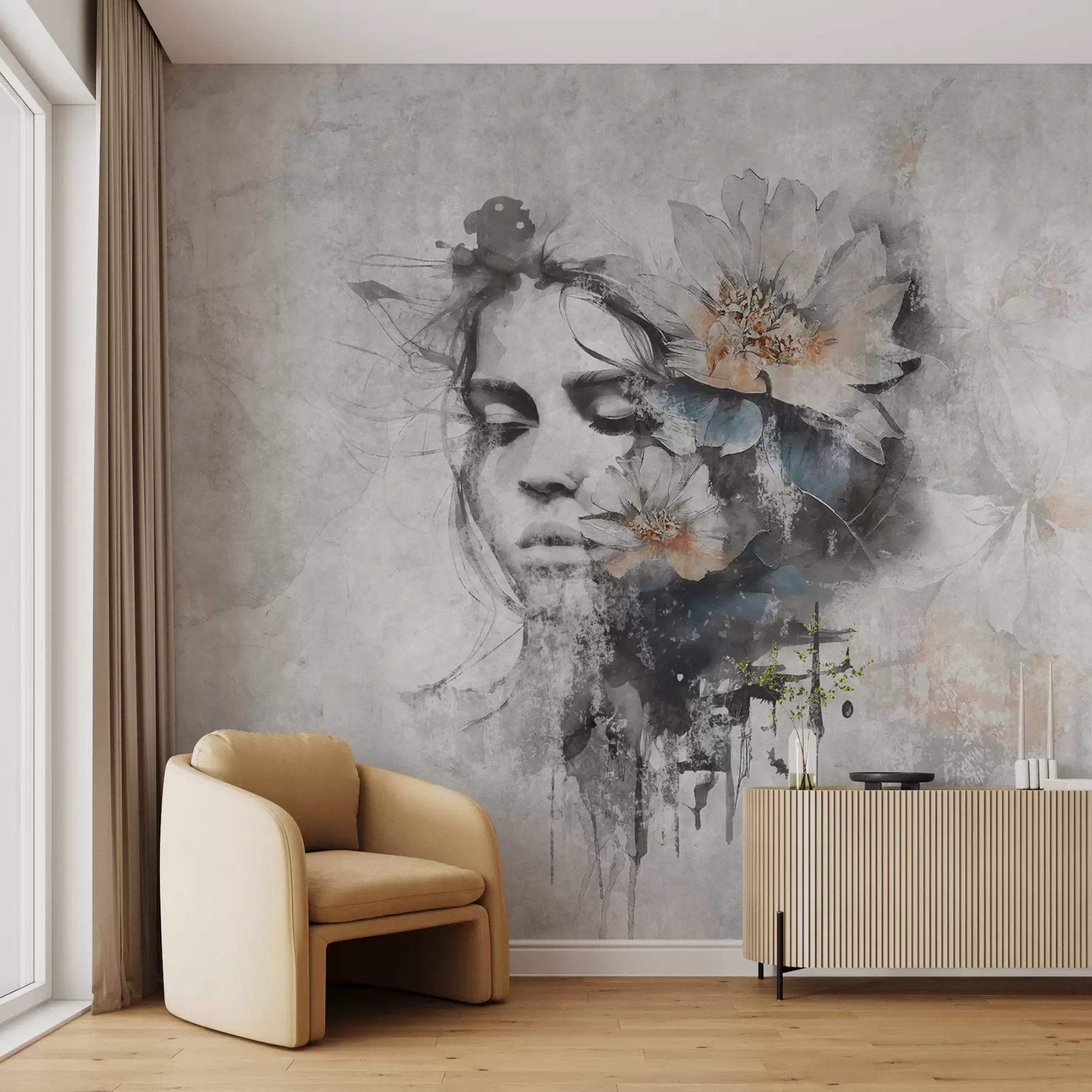 Fotobehang Silhouet van het gezicht van een meisje op een betonnen muur u96118