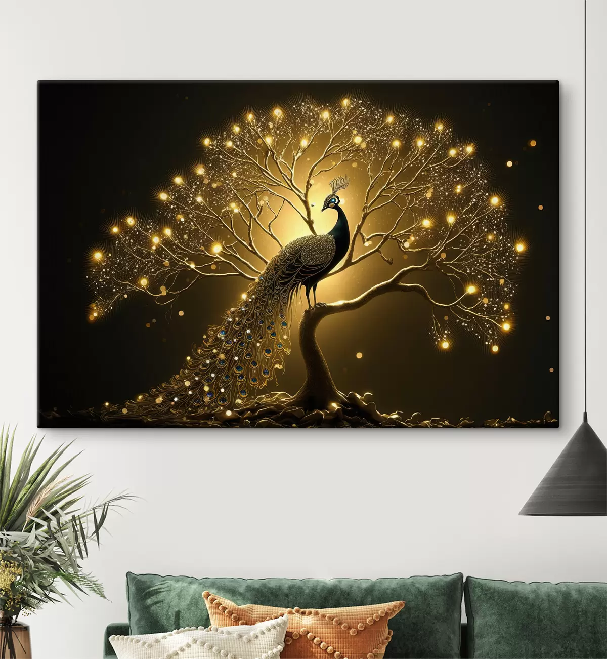  Peintures Beau paon en couleur dorée sur fond sombre s34876