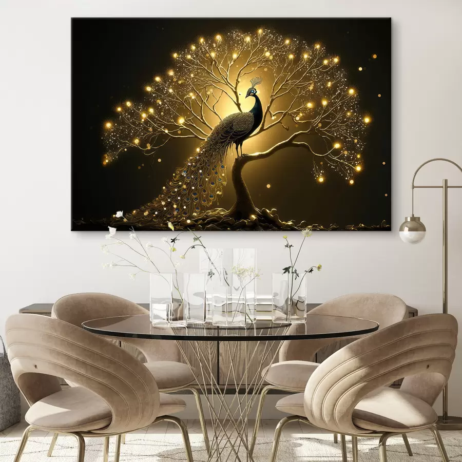  Peintures Beau paon en couleur dorée sur fond sombre s34876