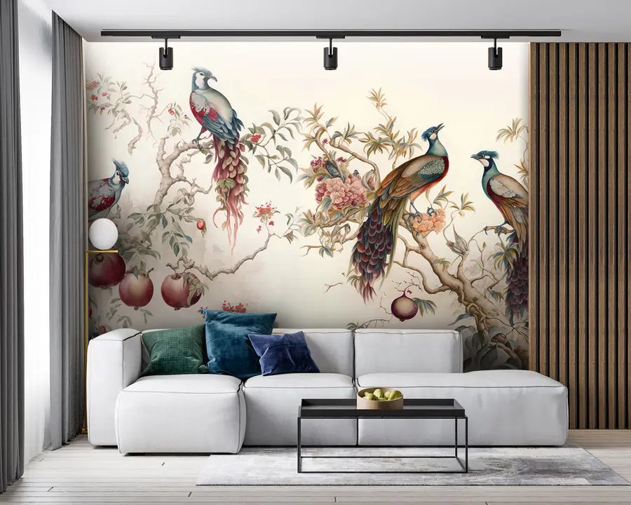 Fotobehang Vogels op de takken van een granaatappel u95667