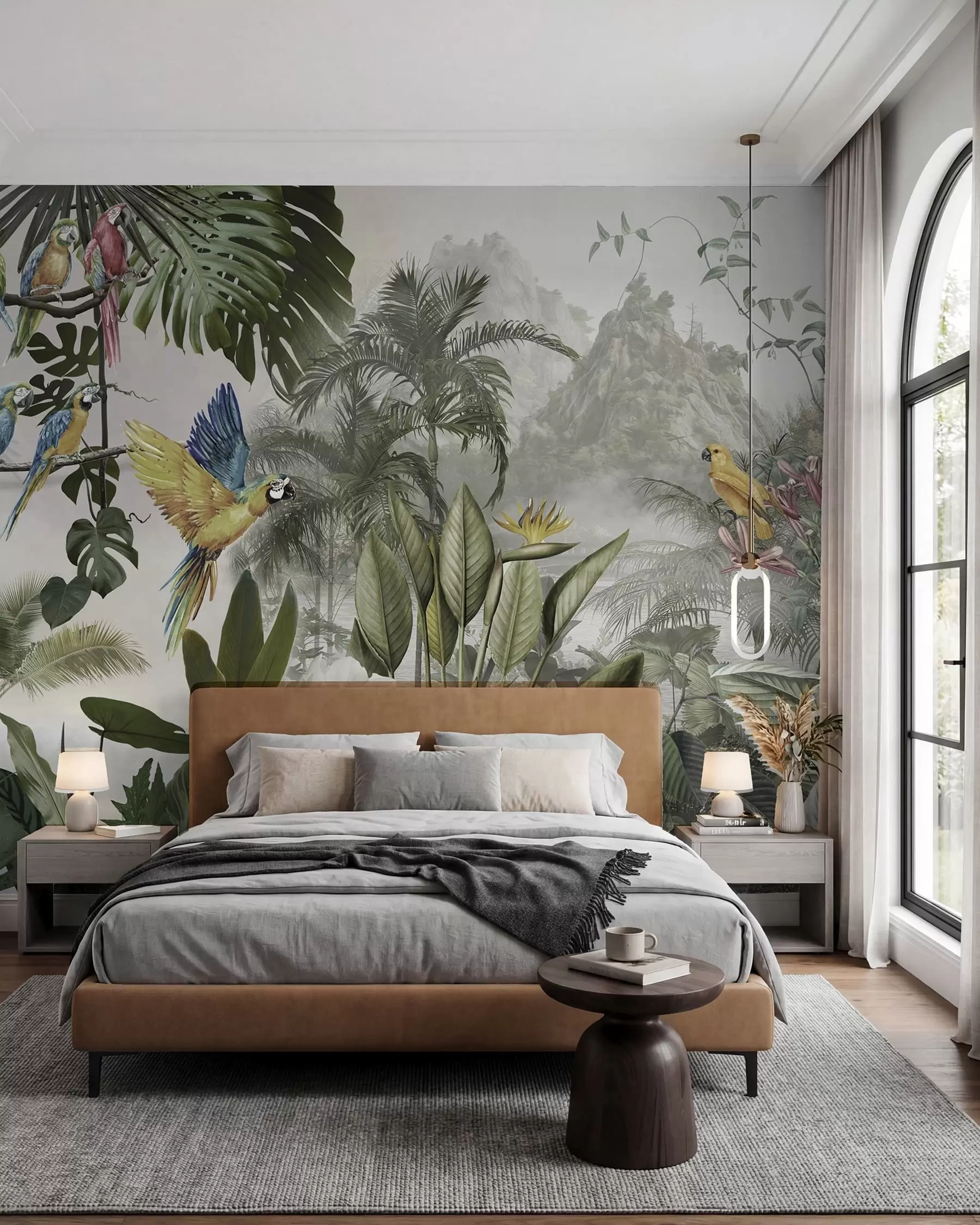 Fotobehang Papegaaien tussen palmbladeren u95693