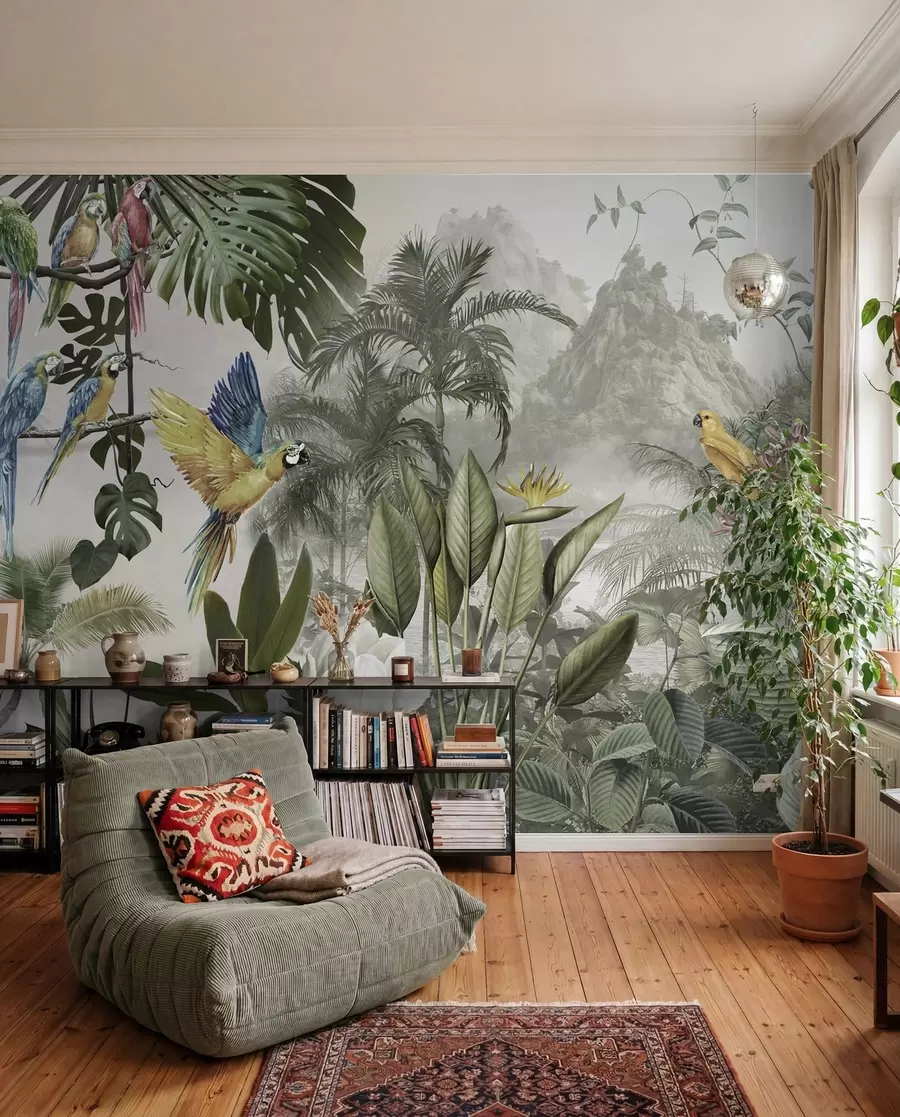 Fotobehang Papegaaien tussen palmbladeren u95693