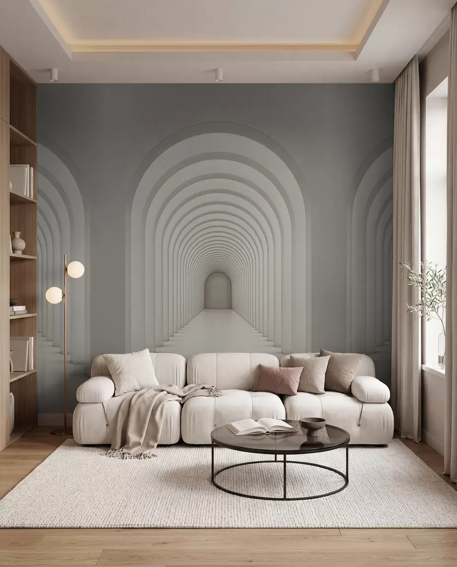 Fotobehang Witte betonnen boog opgesteld in een lange rij met licht u96604