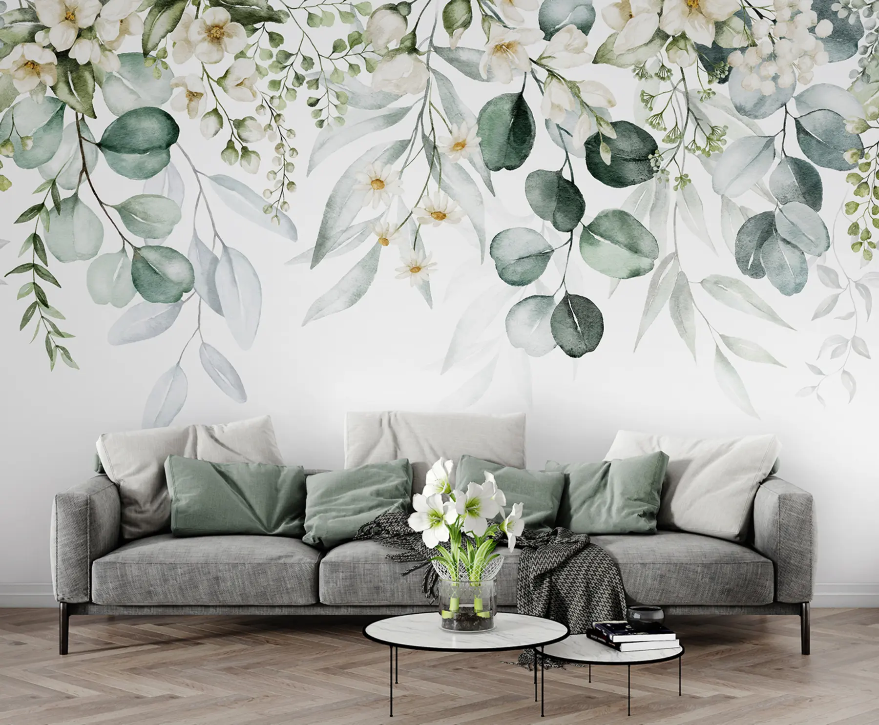 Fotobehang Aquarel groene bladeren met bloemen u96336