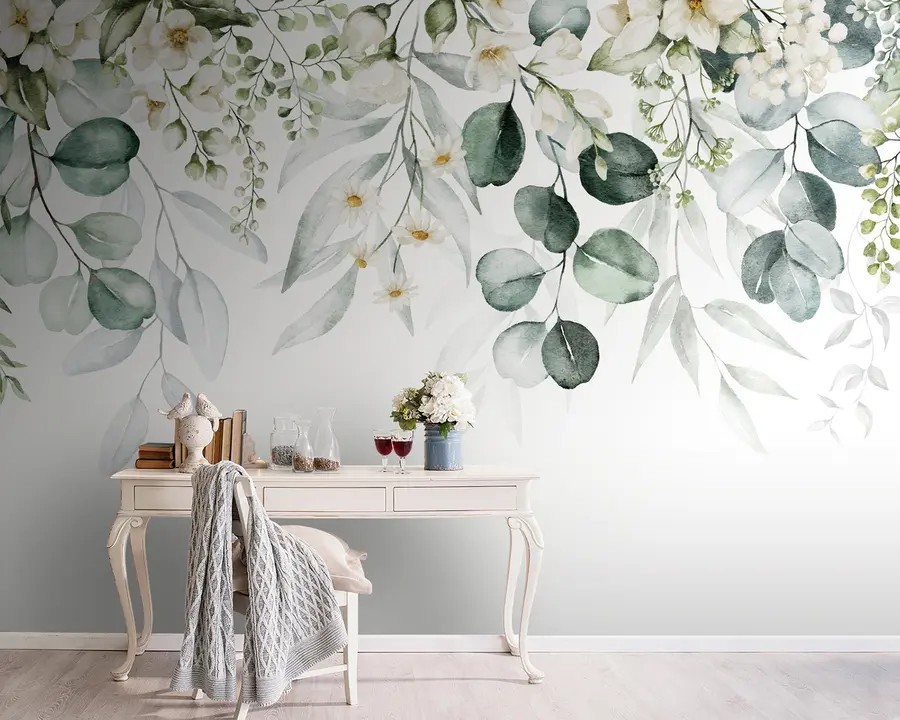 Fotobehang Aquarel groene bladeren met bloemen u96336