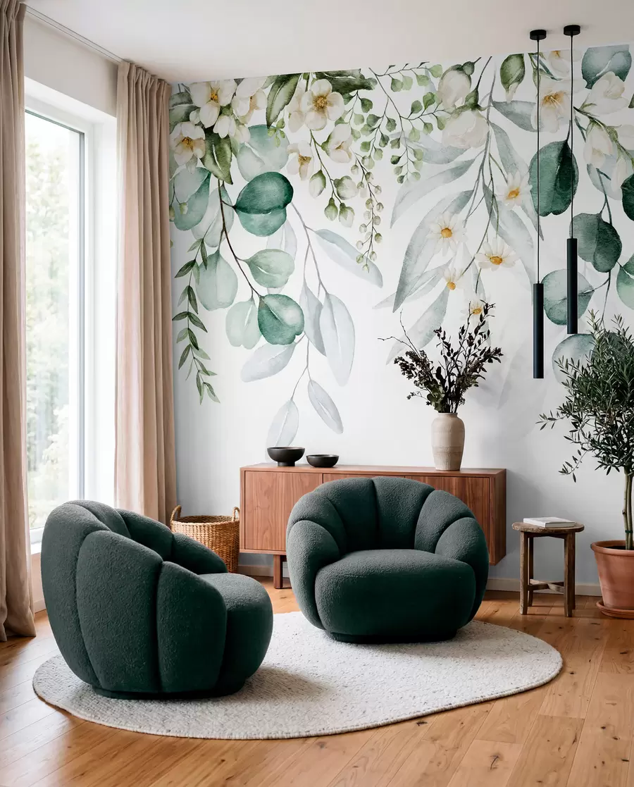 Fotobehang Aquarel groene bladeren met bloemen u96336