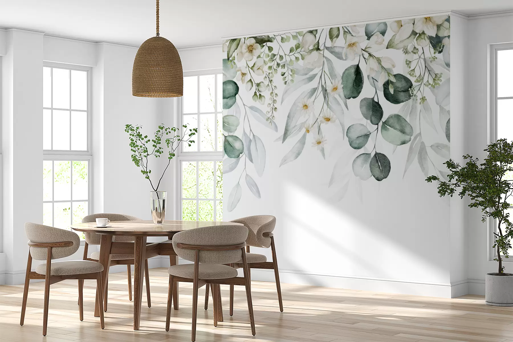 Fotobehang Aquarel groene bladeren met bloemen u96336