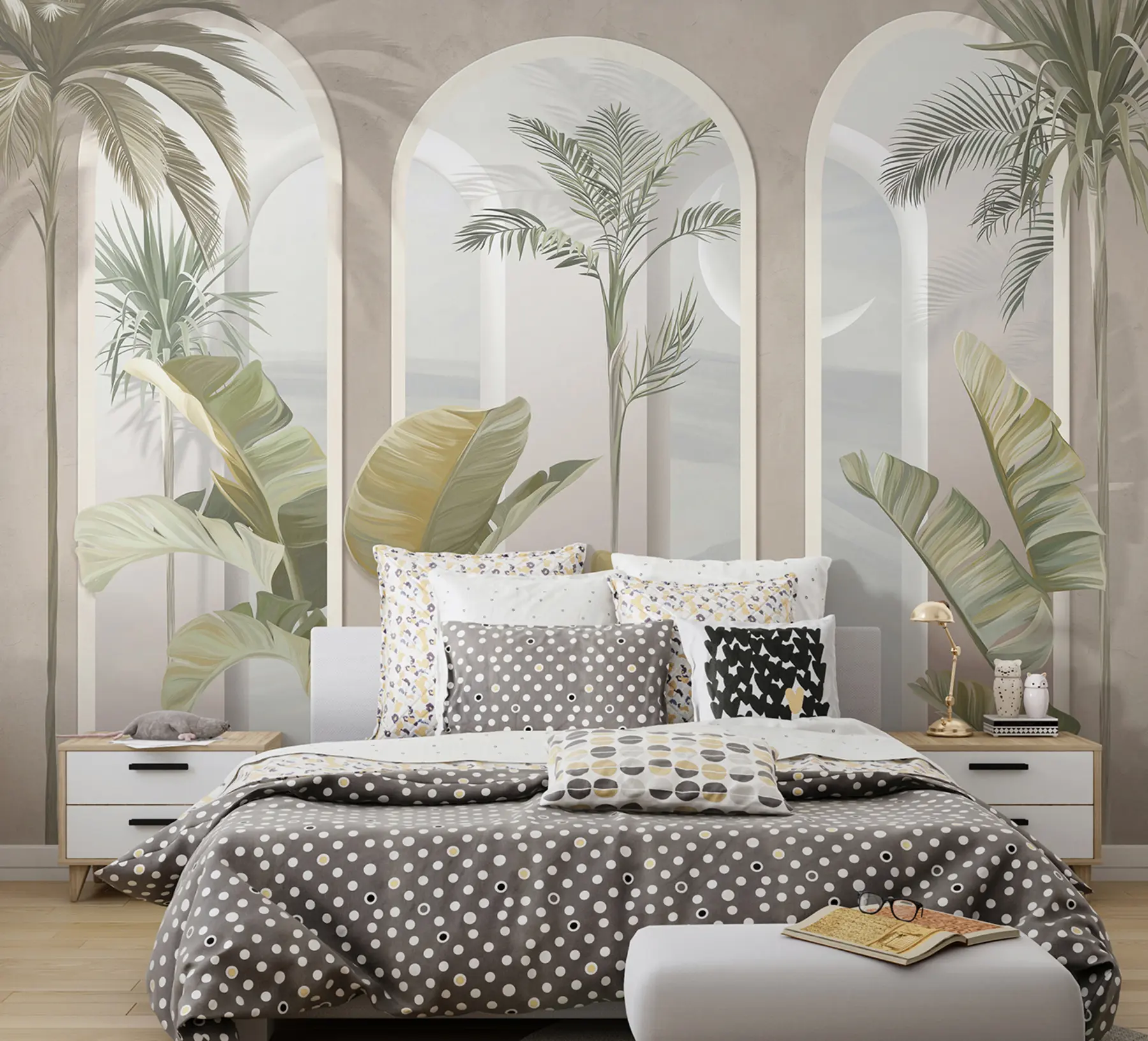 Papier peint photo Feuilles tropicales en 3D avec palmiers et colonnes u96402