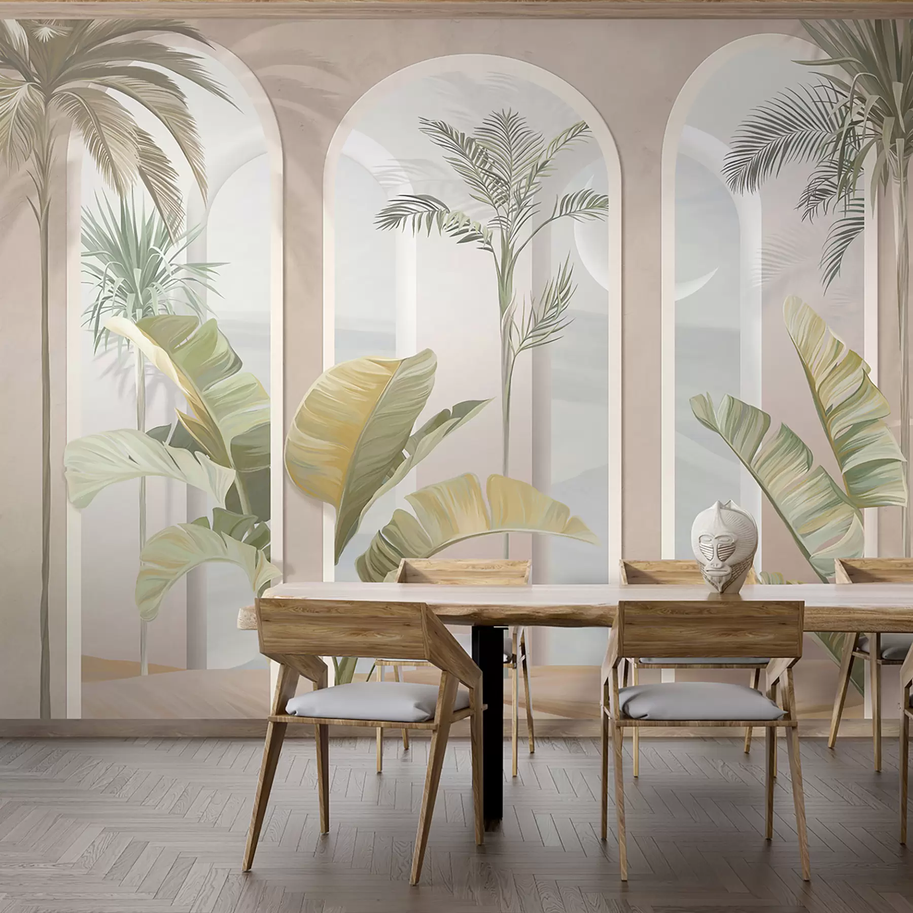 Papier peint photo Feuilles tropicales en 3D avec palmiers et colonnes u96402