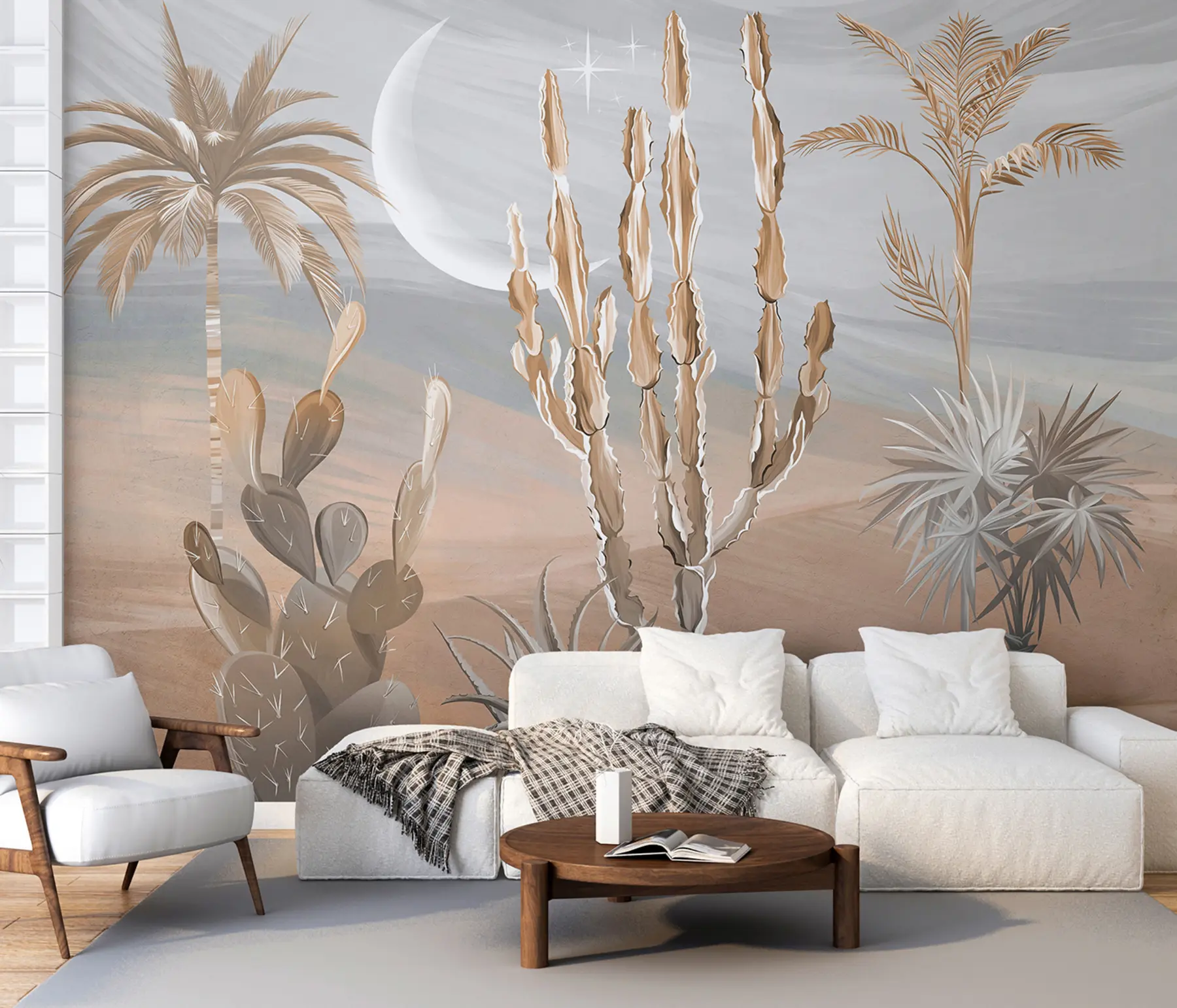 Papier peint photo Désert en 3D avec cactus et feuilles tropicales u96444