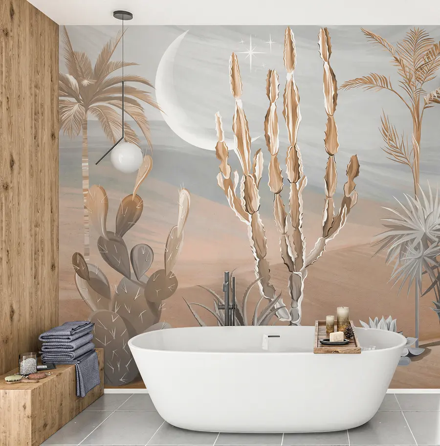 Fotobehang 3D woestijn met cactussen en tropische bladeren u96444
